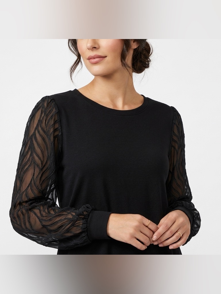 Cable & Gauge Black Long-Sleeve Top With Sheer Patterned Sleeves